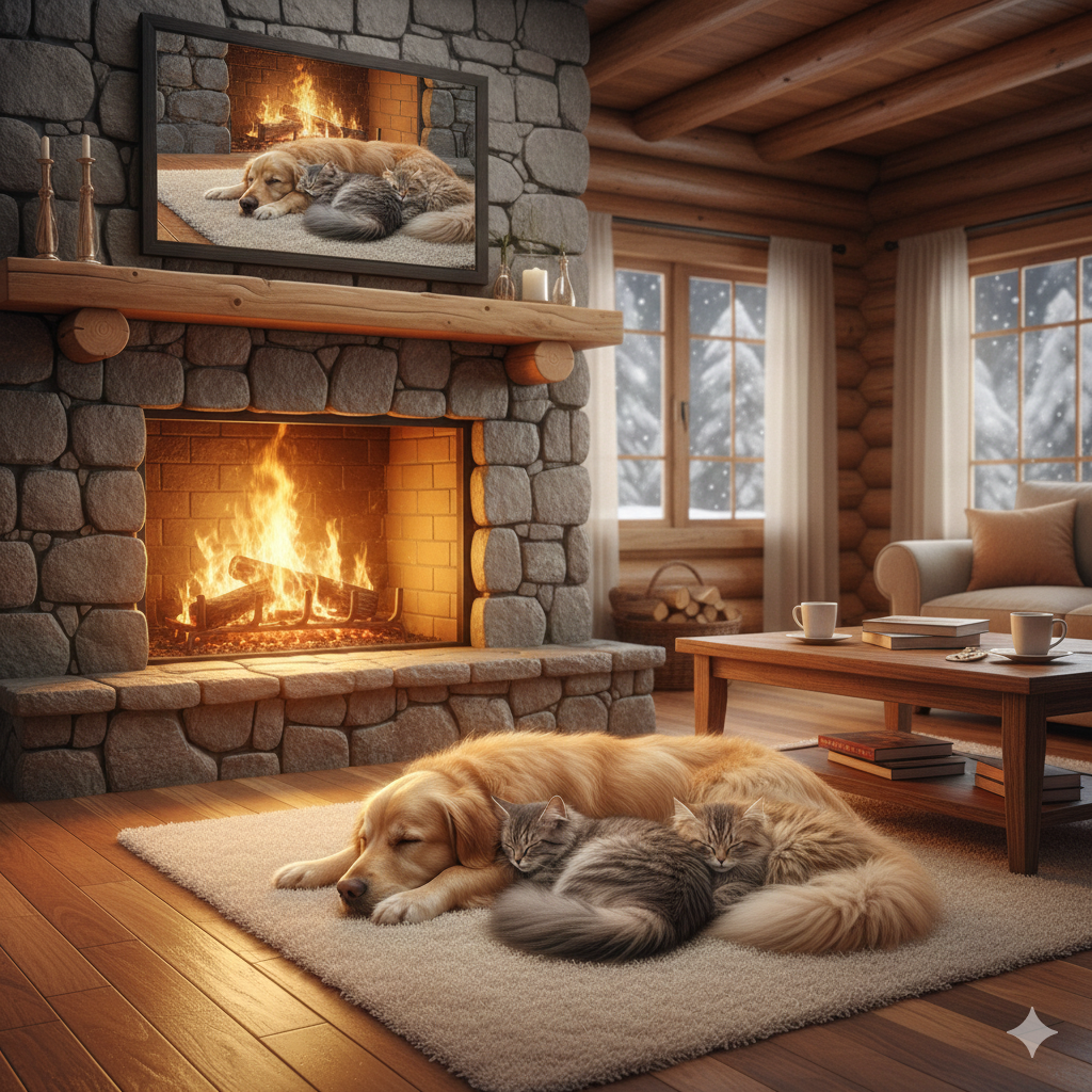 Two cats cuddling by a fireplace